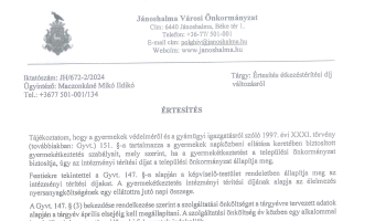 Értesítés a gyermekétkeztetés térítési díjairól