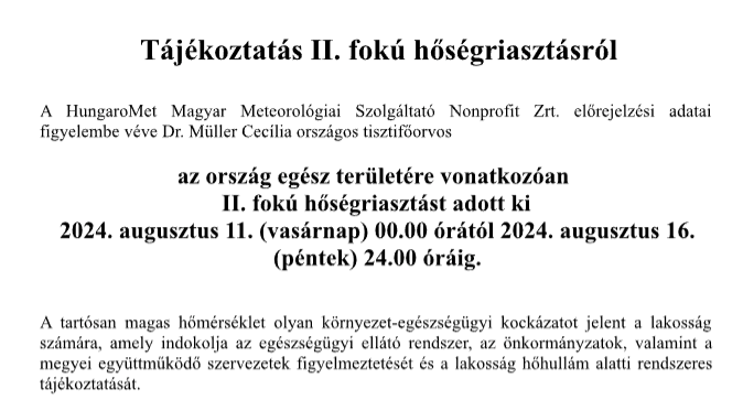 Tájékoztatás II. fokú hőségriasztásról