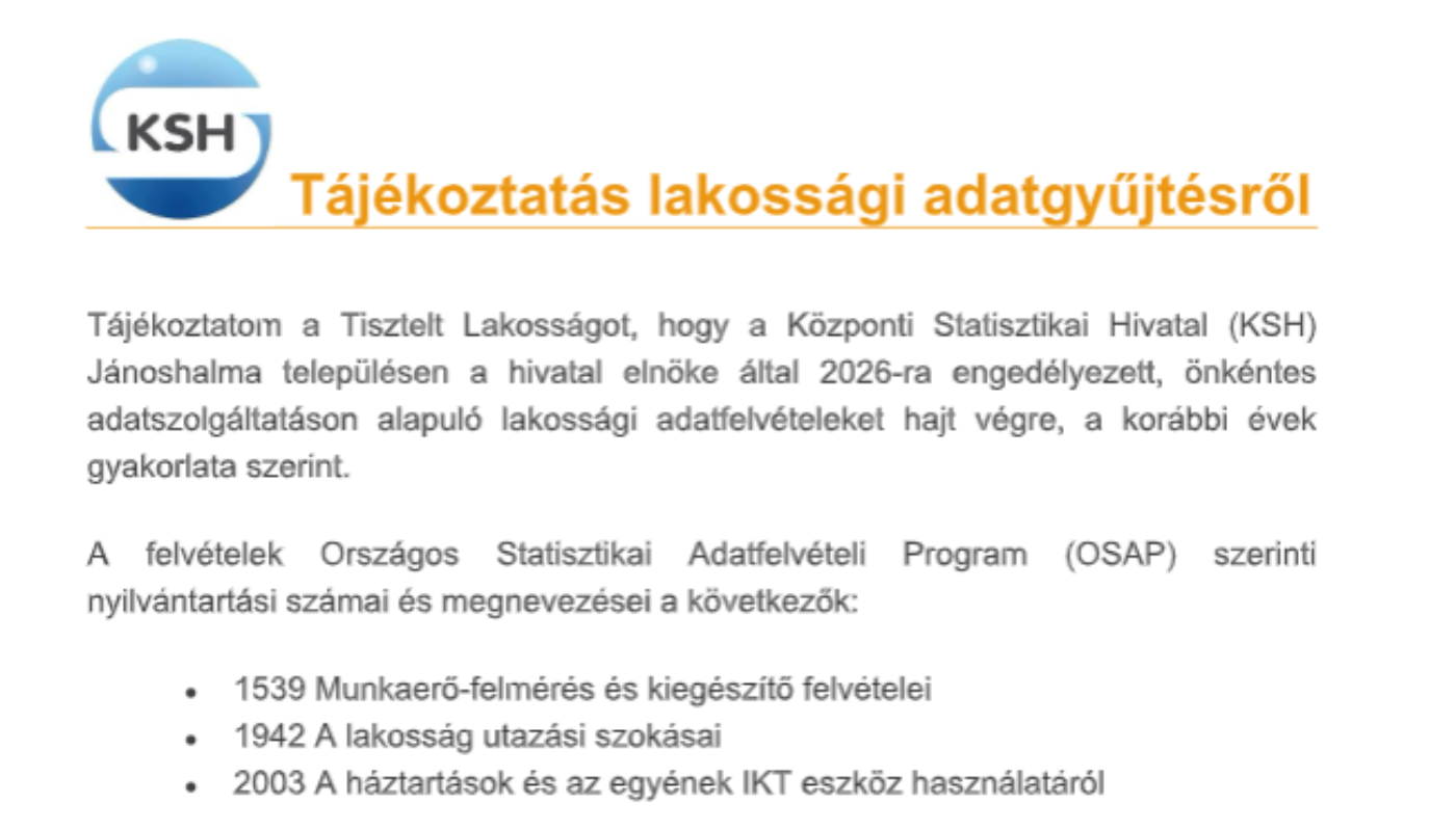 Tájékoztató lakossági adatgyűjtésről 2026