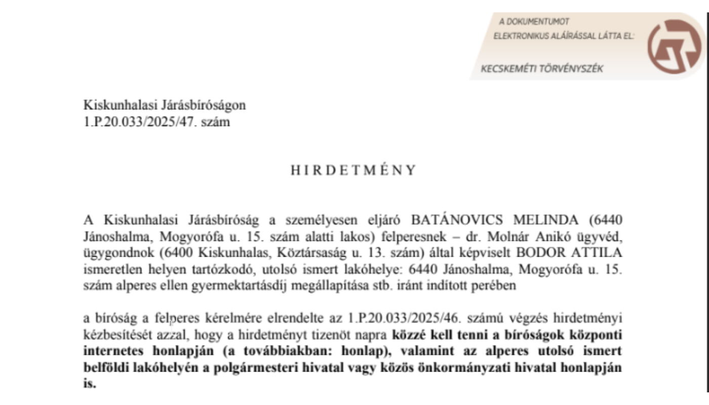 Hirdetmény 1.P.20.033/2025/47.